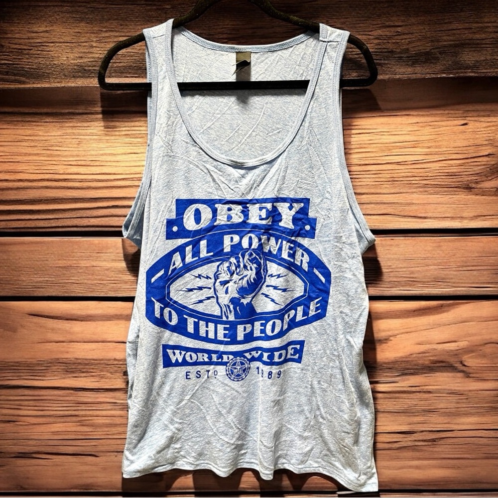 New Men’s Obey blue All power to the people world wide tank top - Picture 2 of 4